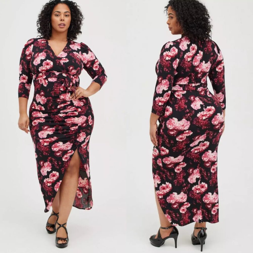 NWT Torrid Multi Floral Maxi Studio Ruched Knit Hi-Low Dress 20